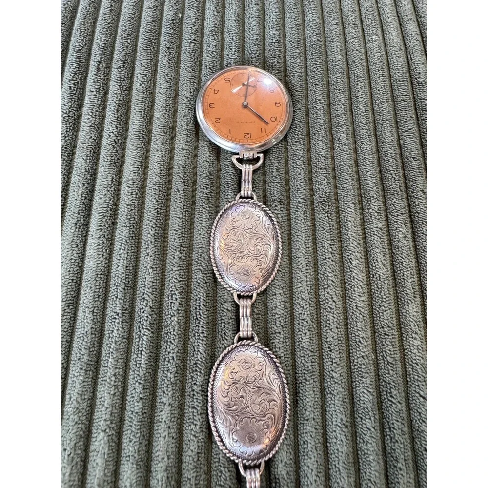 Regency Vintage Orange‎ Dial Pocket Watch Charm Bracelet Ornate Silver Tone Oval